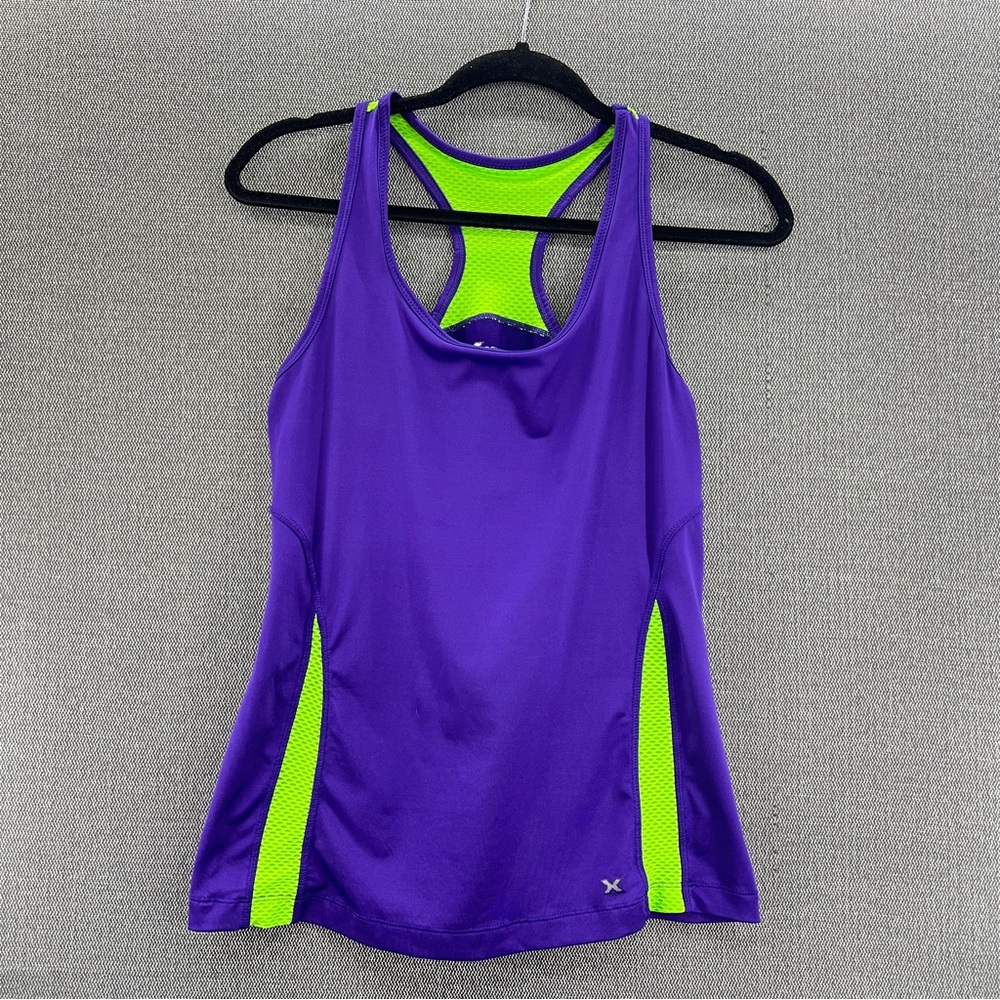 XERSION Women’s Semi-Fitted Racer Back Purple/Neon Green Performance Tank Top M